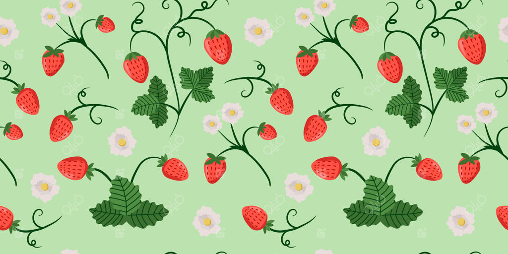 طرح زنده توت‌فرنگی و گل روی پس‌زمینه سبز وکتور پرو
