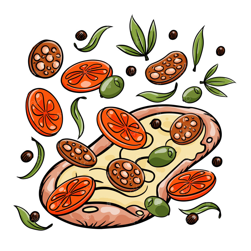 تصویر کارتونی پیتزای مستطیلی رومی با گوجه‌های پرنده، سوسیس و سبزیجات