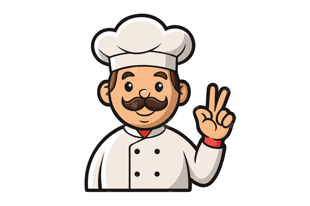 سرآشپز کارتونی سبیلو با لباس فرم و علامت پیروزی در پس‌زمینه سفید