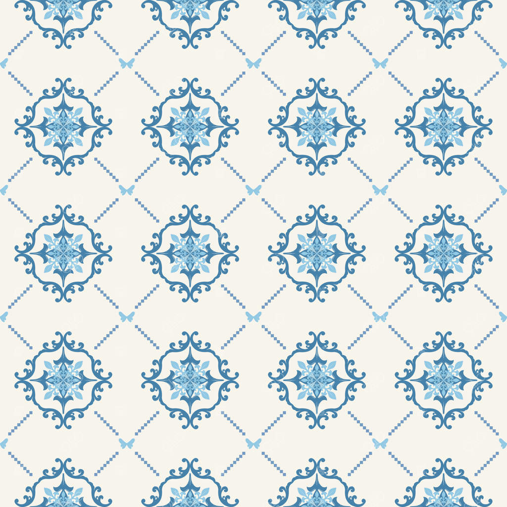 طرح مرزی یکپارچه از گل‌ها و پروانه‌ها در زمینه آبی روی ظروف چینی با زمینه بژ برای طراحی پارچه شیک. مناسب برای کبا، باتیک، ابریشم، شال‌گردن، طراحی دستی.