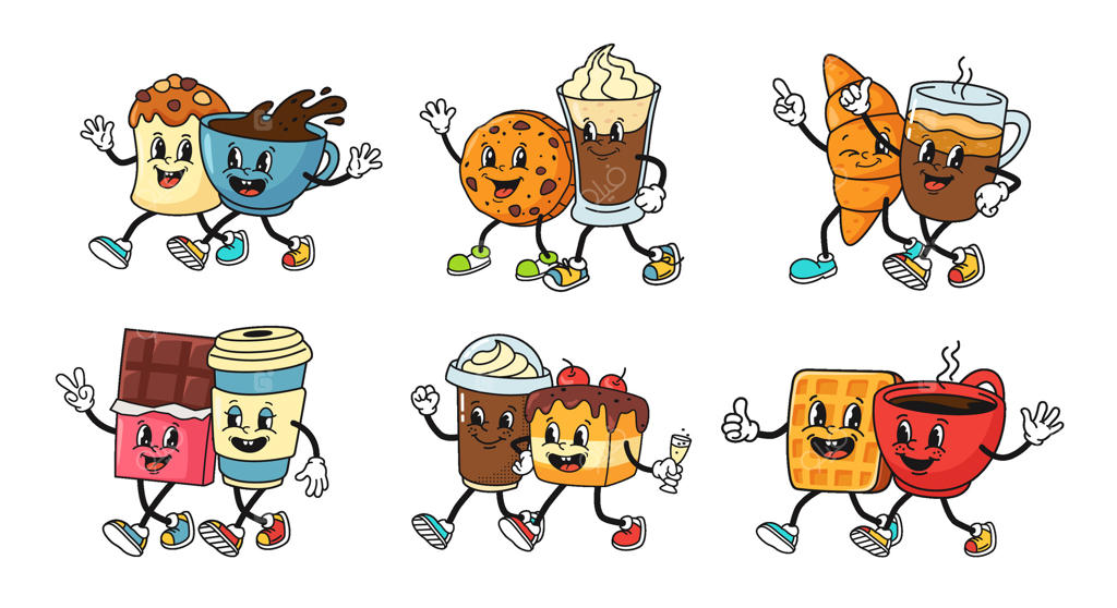 زوج‌های کارتونی قهوه و دسر: جفت‌های نوستالژیک قهوه و شیرینی. اسپرسو و کروسانت، شکلات و کیک با قهوه بیرون‌بر، وافل و کوکی با نوشیدنی‌ها