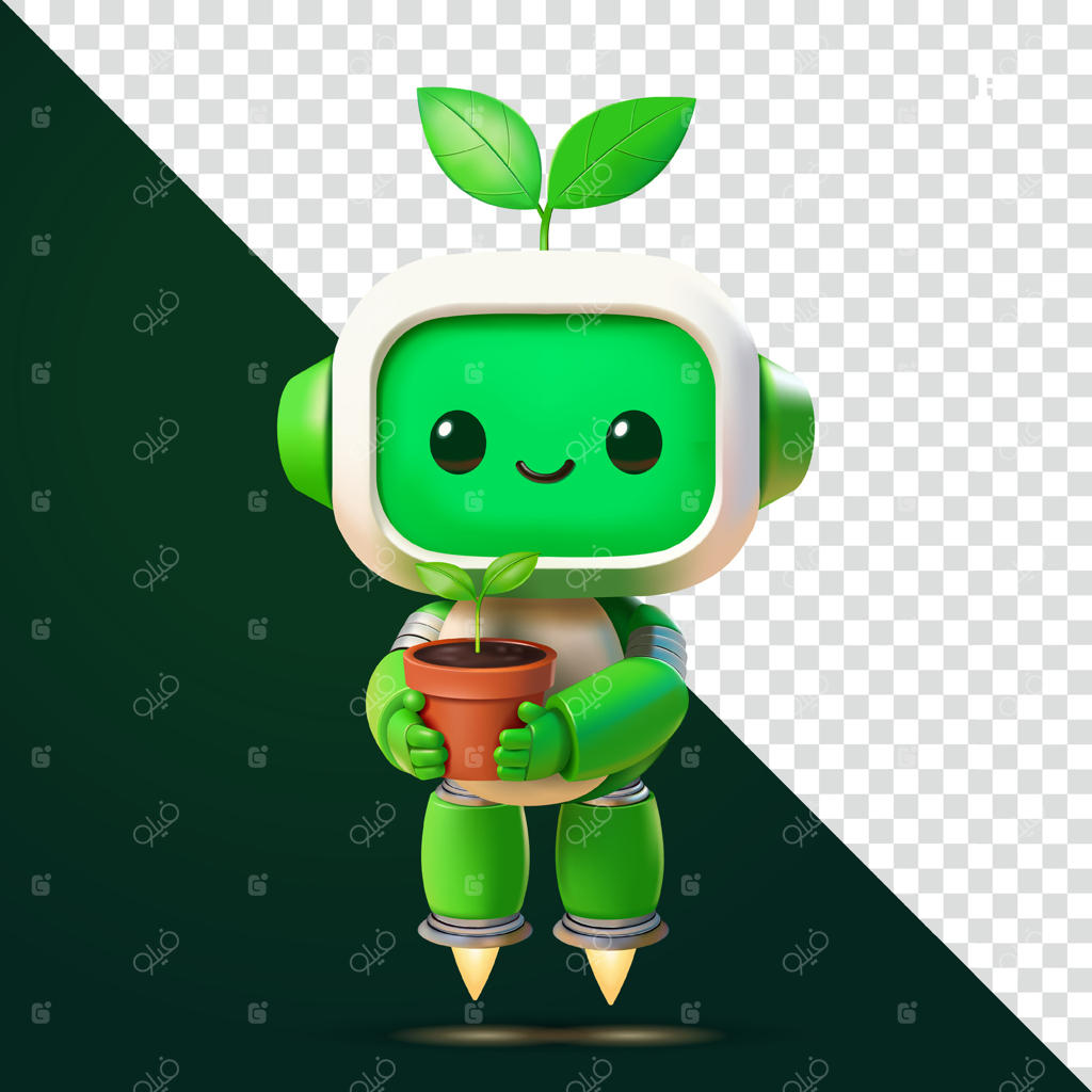 ربات سبز بامزه در حال نگه داشتن گیاه