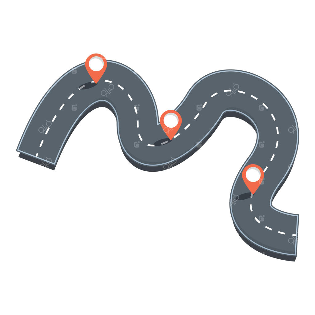 جاده پیچ‌درپیچ با نشانه‌های مسیر و موقعیت‌یابی مسیر را نمایش می‌دهد