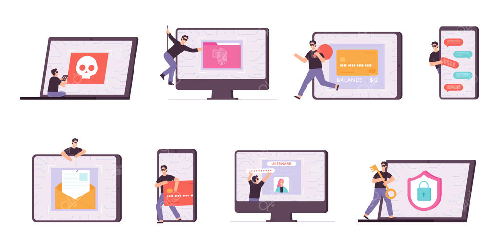 شخصیت‌های دزد سایبری و هکر در حال سرقت داده‌های شخصی: جاسوس‌های مجرم که تلفن، رمز عبور و کارت‌های پولی را می‌دزدند؛ مجموعه‌ای از حملات کامپیوتری.