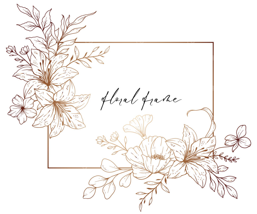 طرح خطی سیاه و سفید گل‌های وحشی و قاب‌های گل‌دار