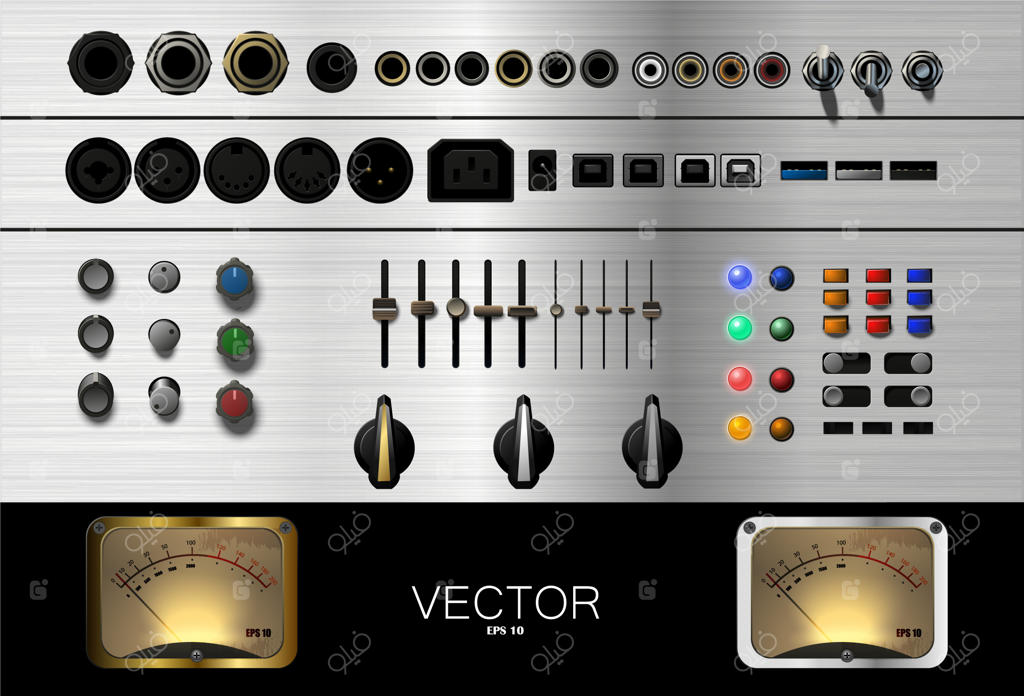 مجموعه‌ای از دکمه‌ها، کانکتورها و دیگر لوازم جانبی موسیقی.