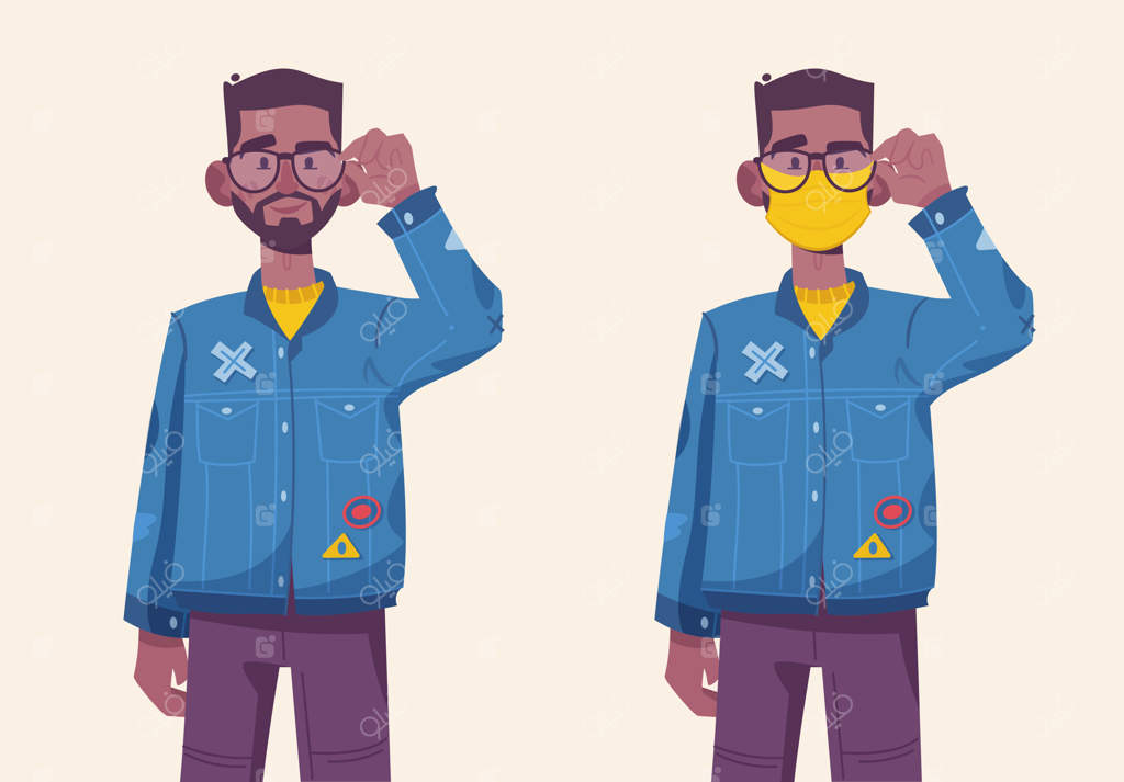 مرد هیپستر جوان با ماسک محافظتی و بدون آن. تصویر شخصیت مدرن و جدا شده از دیگران