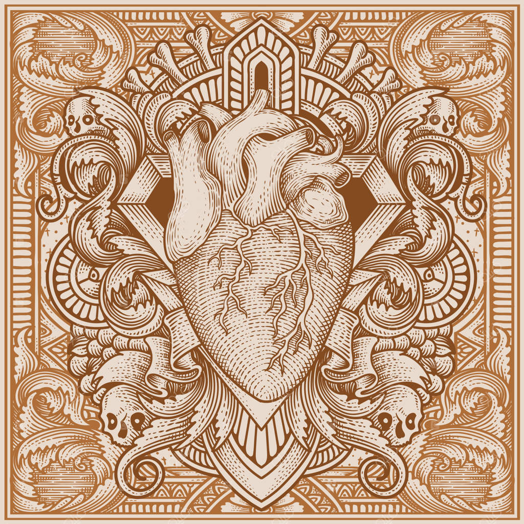 تصویر وکتور قلب عتیقه با نقش‌ونگار حکاکی قدیمی