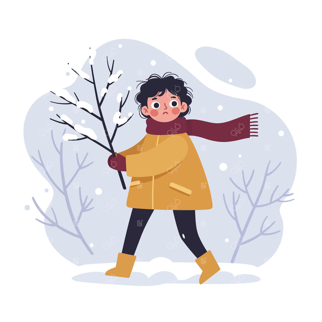 کودک با کاپشن زرد و چکمه و شاخه برفی در دست در منظره زمستانی با درختان لخت