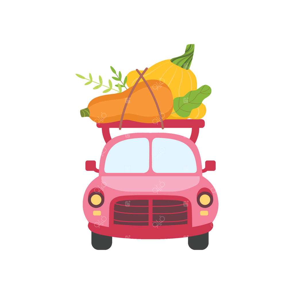 ماشین صورتی بامزه با کدو سبز و کدو زرد، نمای جلو، تحویل غذا، ارسال سبزیجات تازه از باغ، تصویرسازی