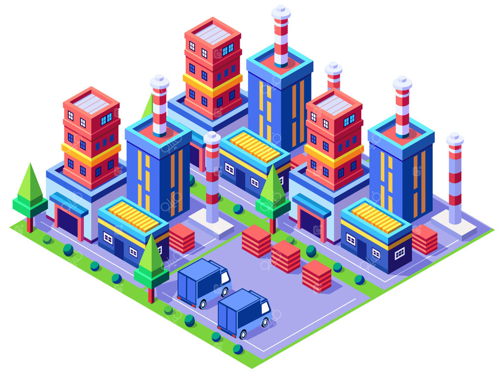 وکتور حرفه‌ای ساختمان‌های ایزومتریک کارخانه صنعتی با سبک هنری بازی، نمای شهری سه بعدی از بالای خانه و درختان خیابان