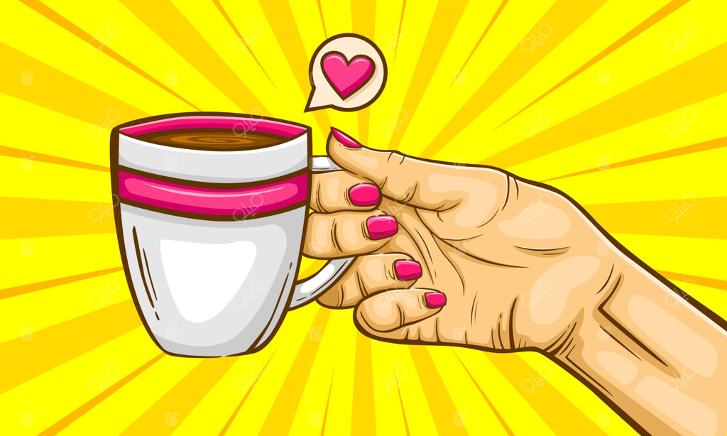 تصویر نقاشی دستی زنی با فنجان قهوه