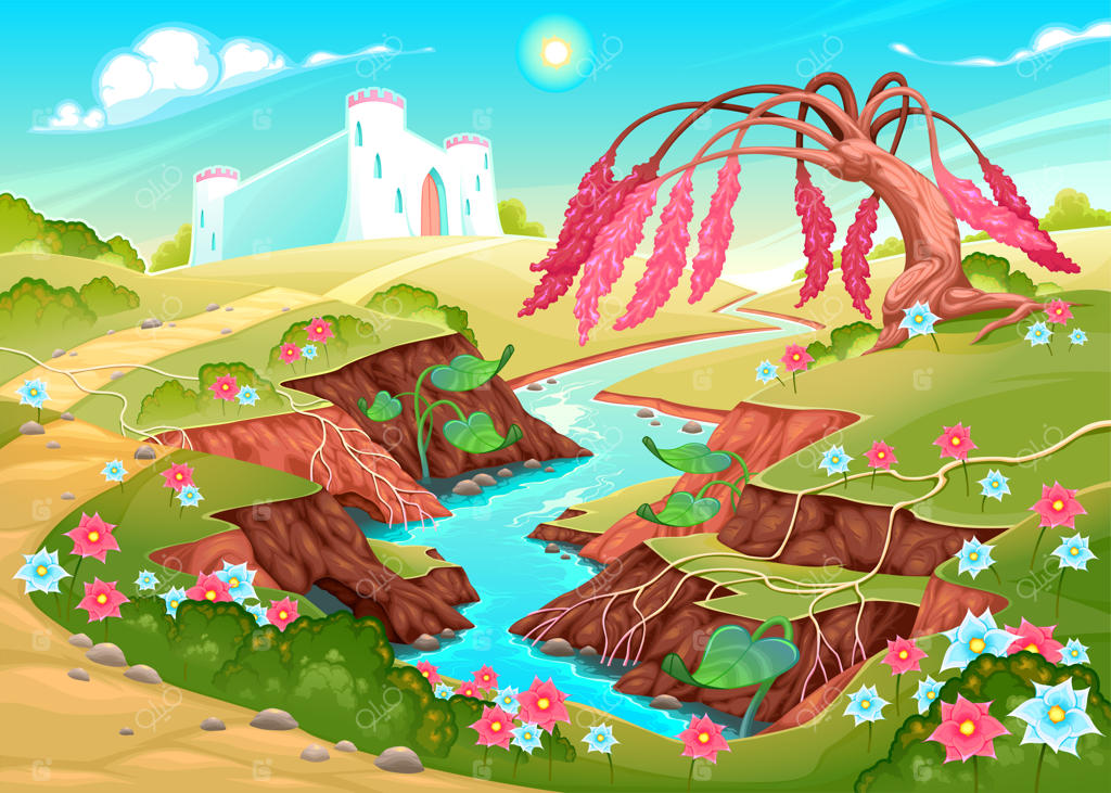 چشم‌انداز خیالی با رود، درخت و قلعه