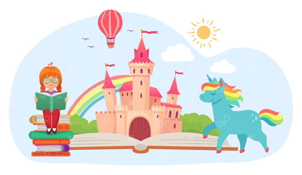 دختر کوچولوی ناز کتاب را می‌خواند - افسانه‌ای پر از پادشاهی قرون وسطایی و شخصیت‌های خیالی مثل اسب شاخدار