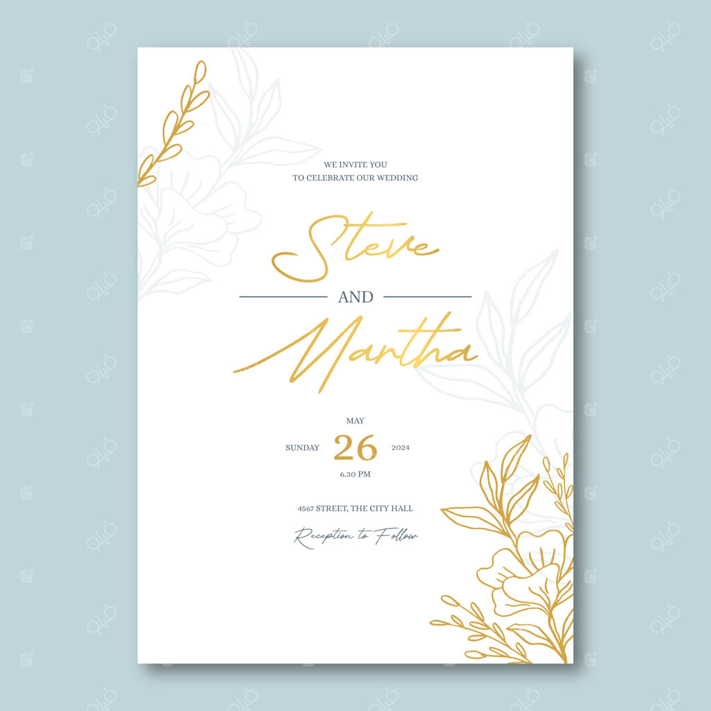 پوستر دعوتنامه عروسی با طراحی مینیمالیستی و برگ‌های دست‌کشیده