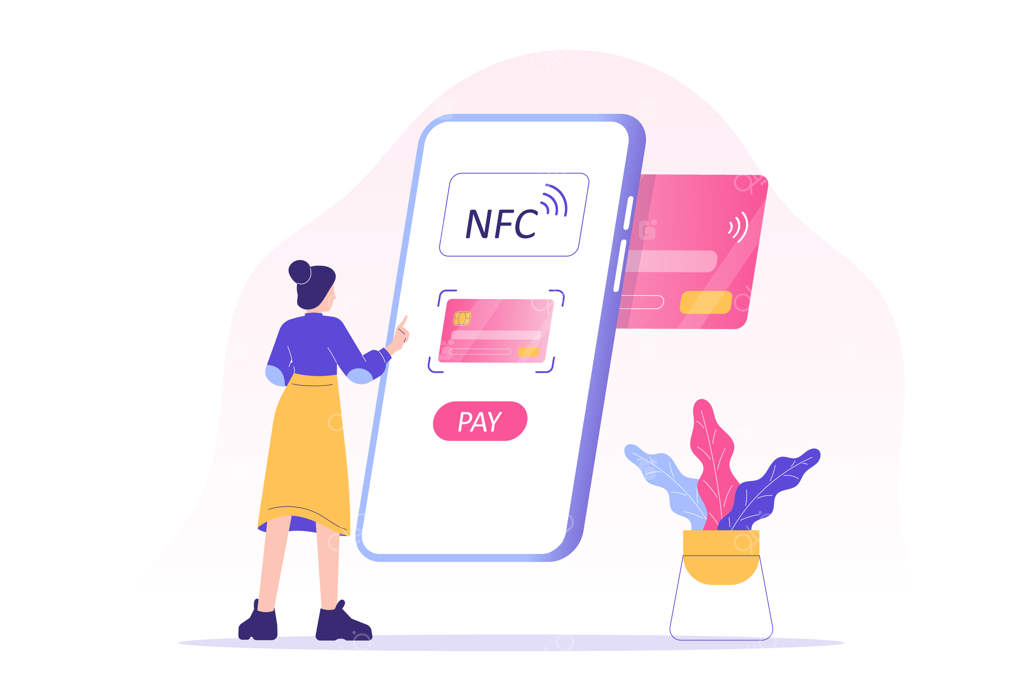 زنی در حال استفاده از فناوری پرداخت بی‌سیم NFC