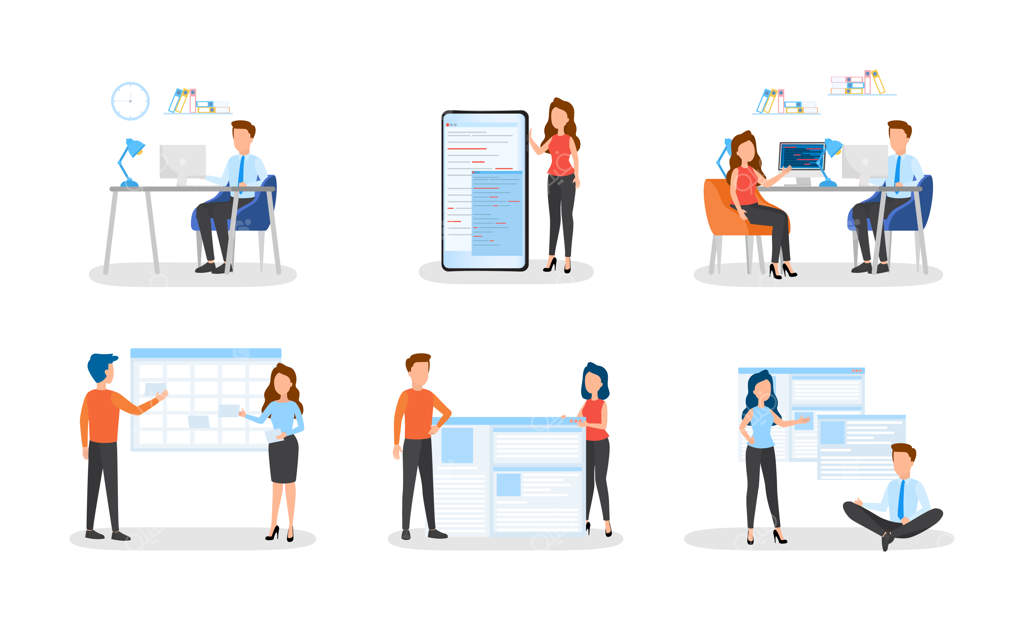 افراد کسب‌وکار در دفتر کار می‌کنند. کار تیمی