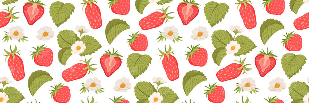 پترن توت‌فرنگی با میوه‌ها، گل‌ها و برگ‌ها. پس‌زمینه باغ و کشاورزی. برش میوه. طرح گل‌دار برای طراحی شما، لباس‌ها، کاغذ کادو، بسته‌بندی. تصویر وکتور مسطح.