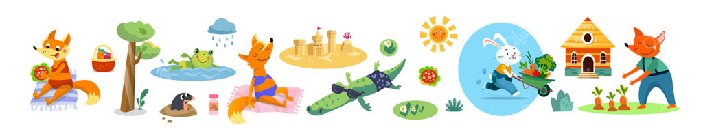 حیوانات کارتونی در تابستان: مزرعه و باغ، گیاهان، ساحل. صحنه‌ها و نشان‌ها برای برچسب و طراحی. شخصیت‌های بامزه به سبک ساده. تصاویر مجزا بر روی زمینه سفید.