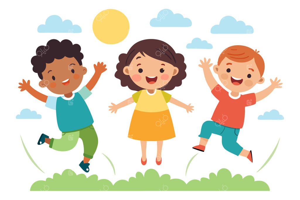 تصویر کارتونی از کودکانی که در حال پریدن در هوا هستند با نوشته‌های "کلمه" در پایین