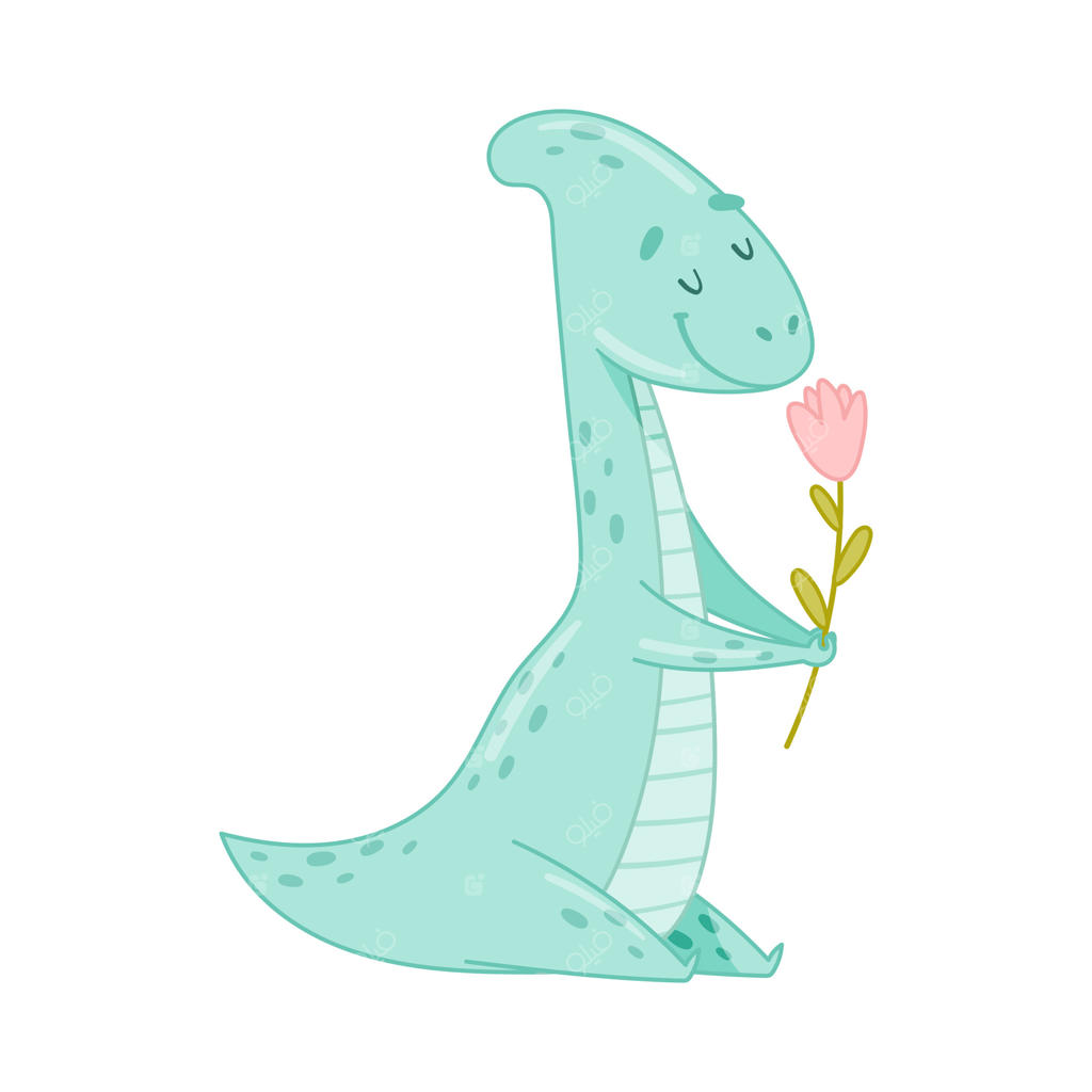 پارازورولوفوس دوست‌داشتنی و زیبا با گل: دایناسور جذاب و مناسب برای مهد کودک، تی‌شرت، کتاب، چاپ و طراحی پوستر کارتونی