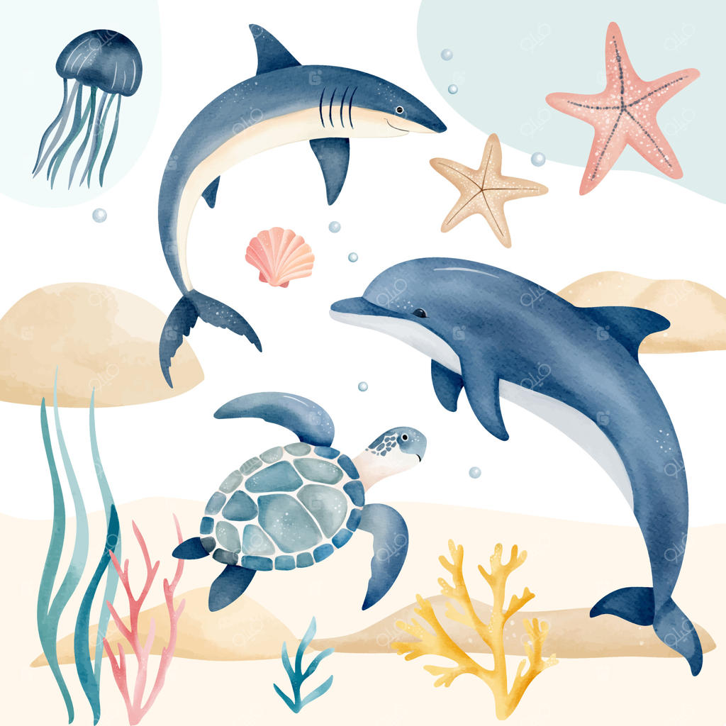 ماهی‌های بامزه، کوسه، دلفین، لاک‌پشت. زندگی زیر دریا با دست طراحی‌شده. حیوانات دریایی آبرنگی. ساکنان دریا.