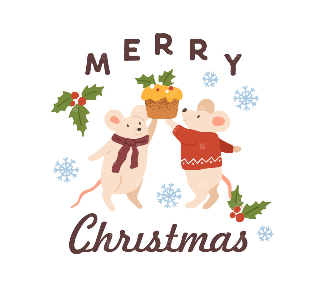 کارت تبریکی با موش و موش صحرایی که کیک جشن را نگه داشته‌اند و نوشته «کریسمس مبارک» تصویر برداری تخت. کارت تعطیلات کریسمس با شخصیت‌های حیوانی تزیین‌شده با دانه‌های برف و دارواش.