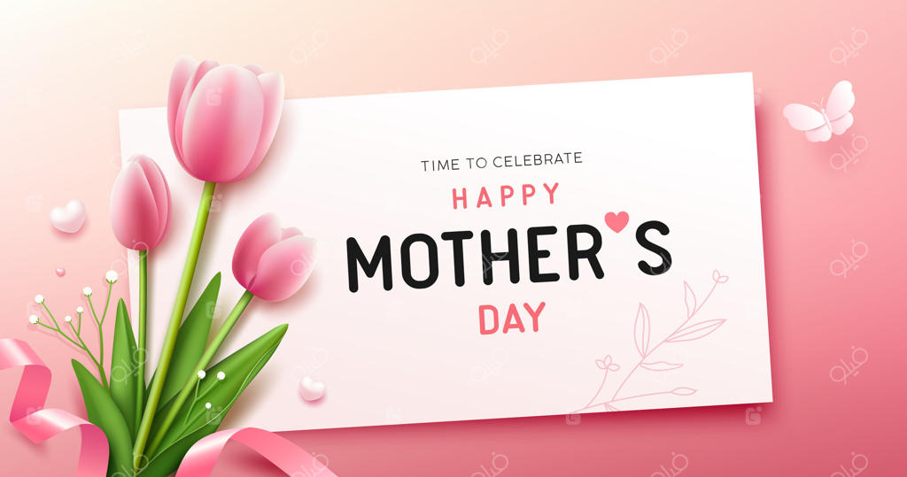روز مادر مبارک با گل‌های لاله و پروانه، طراحی مفهوم بنر کاغذی سفید روی زمینه صورتی
