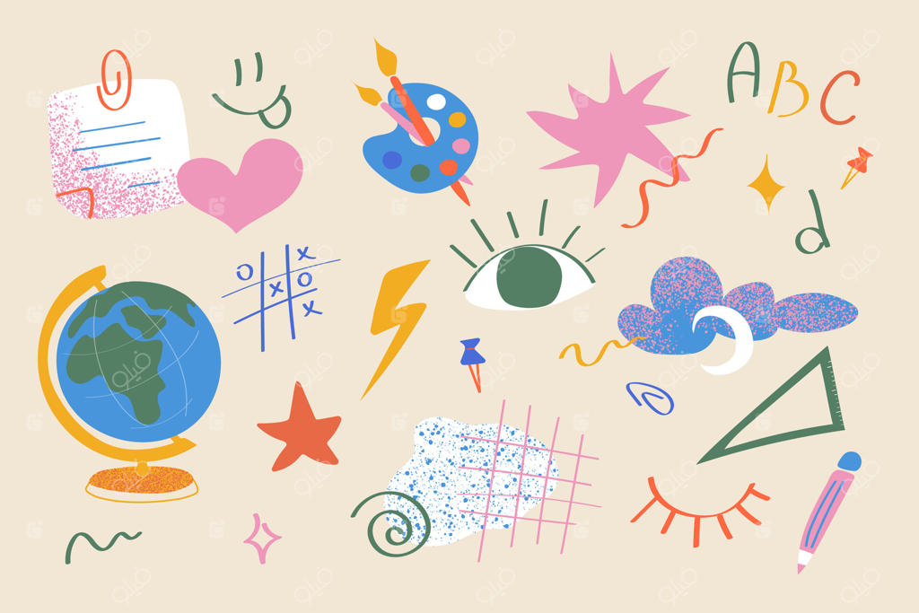 مجموعه‌ای از المان‌های طراحی آموزشی خیالی با پالت چشم‌ها، قلب‌ها، کره‌ها و حروف الفبا در سبکی رنگارنگ و انتزاعی. ایده‌آل برای پوسترهای مدرسه، چاپ‌های آموزشی کودکان و یادگیری در کلاس درس.