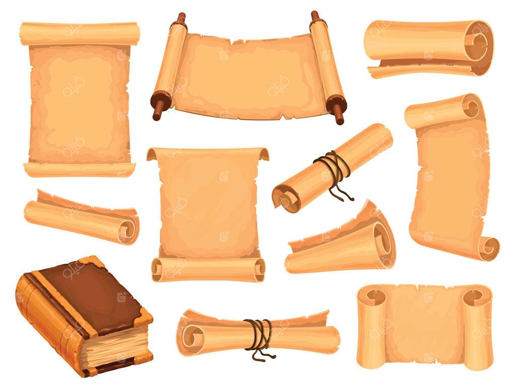 کاغذ پوست کارتونی و کتاب جادویی برای بازی فانتزی: طومارهای جادویی باستانی، کاغذ پاپیروس قدیمی، نقشه‌های گنج قرون‌وسطایی و مجموعه‌ای از نامه‌ها به صورت وکتور