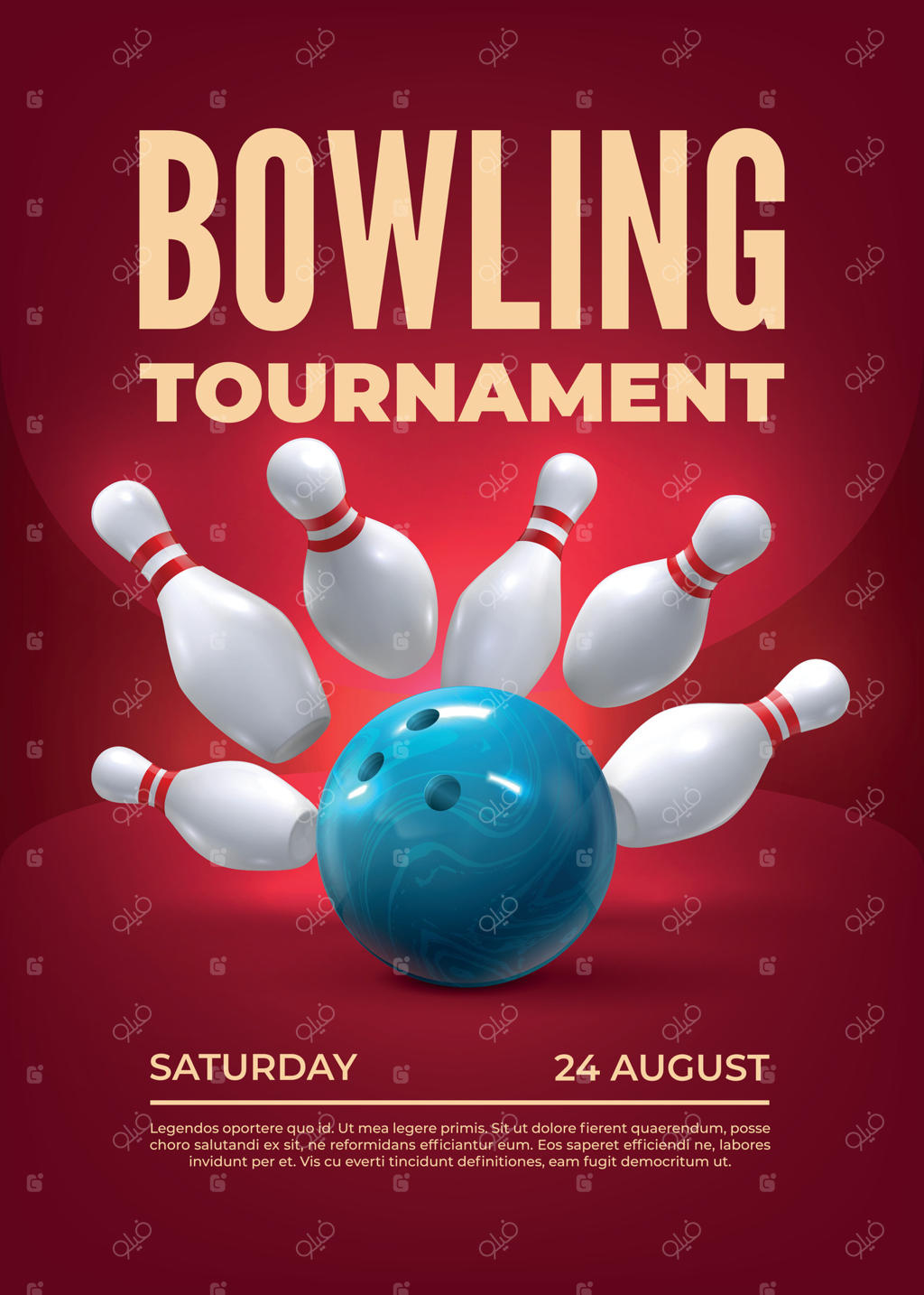 مسابقات بولینگ: عناصر واقعی از دنیای ورزش سه‌بعدی با چوب‌ها و توپ بولینگ. قالب پوستر وکتور
