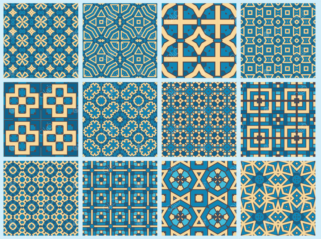 مجموعه‌ای از الگوهای هندسی فانتزی و انتزاعی: شش‌ضلعی‌ها و مثلث‌های بی‌وقفه. مجموعه‌ای از موزاییک‌ها و پس‌زمینه‌های خلاقانه.