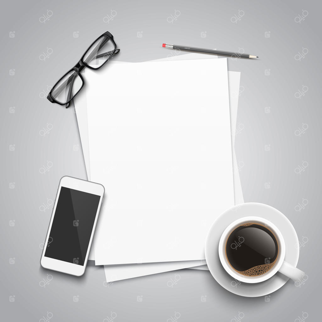 کاغذ، مداد، گوشی، عینک و قهوه روی میز: نمای بالا از میز کار