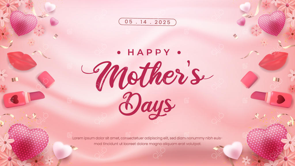 کارت تبریک روز مادر، با طراحی گل‌ها، قلب‌ها و رژلب به رنگ صورتی