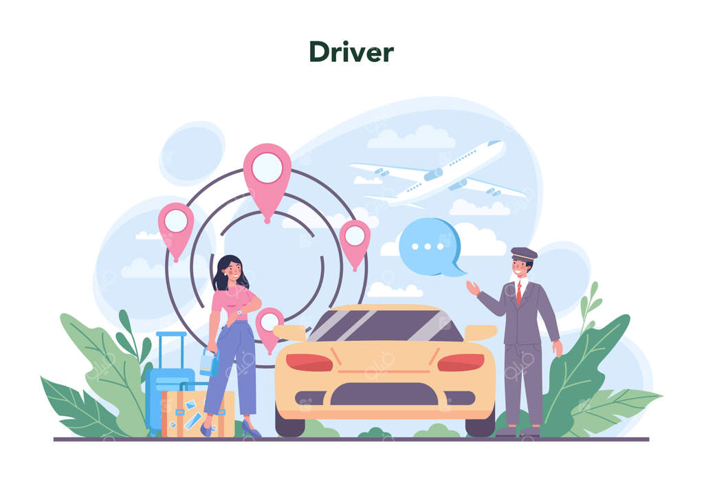 مفهوم سرویس راننده: تاکسی خودرو با راننده - راننده شخصی - ایده‌ای برای حمل و نقل عمومی شهری - تصویر وکتوری تخت و مجزا