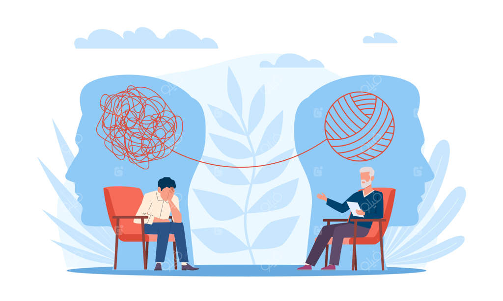 روان‌درمانی: صحبت‌های بیمار مرد درباره مشکلات احساسی‌اش با درمانگر - راه‌حل‌هایی برای افسردگی و بهبود سلامت روان (تصویرسازی برداری به سبک کارتونی)