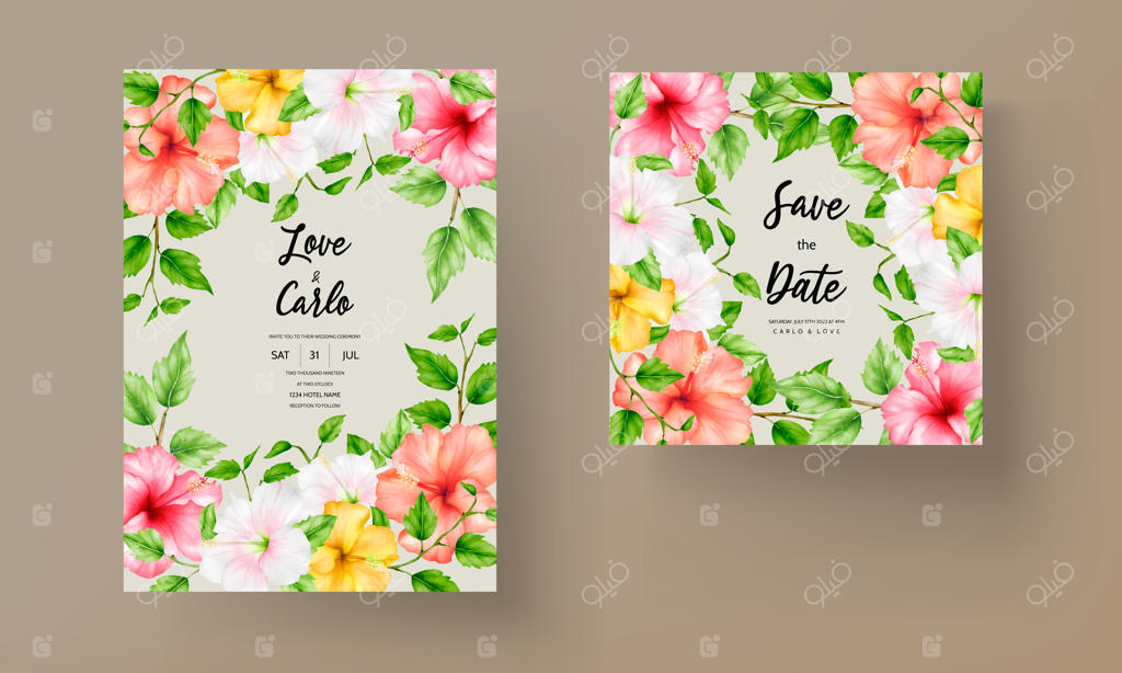 قالب کارت دعوت عروسی با طرح گل‌های زیبای تابستانی