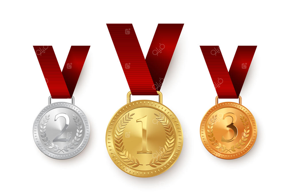 مدال‌های طلا، نقره و برنز آویخته شده بر روی روبان‌های قرمز در پس‌زمینه سفید.