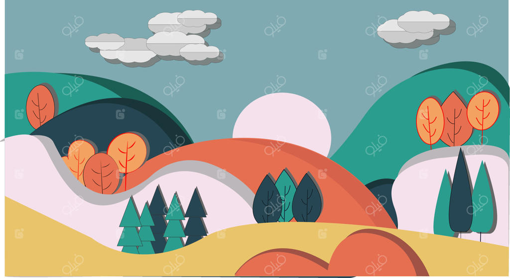 تصویرسازی منظره رنگارنگ با درختان و ابرها