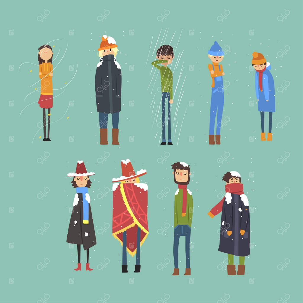 مجموعه کارتون از مردان و زنانی که بیرون در سرما یخ می‌زنند. هوای سرد، برفی و بارانی. شخصیت‌های کارتونی که کلاه پشمی، کت زمستانی، پانچو گرم، شال‌گردن و سویشرت پوشیده‌اند. تصویرسازی.