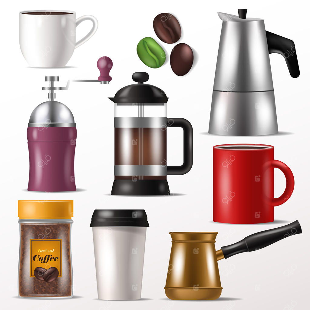 مجموعه‌ای از وکتور فنجان قهوه برای اسپرسو داغ و نوشیدنی‌های کافئین‌دار با طرح‌هایی از آسیاب قهوه و فرنچ پرس در کافی‌شاپ