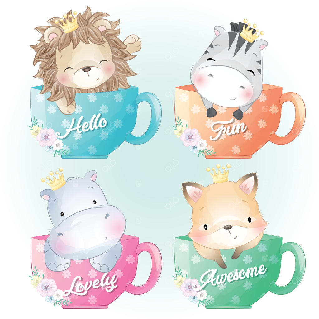 تصویرسازی حیوانات بامزه نشسته در فنجان