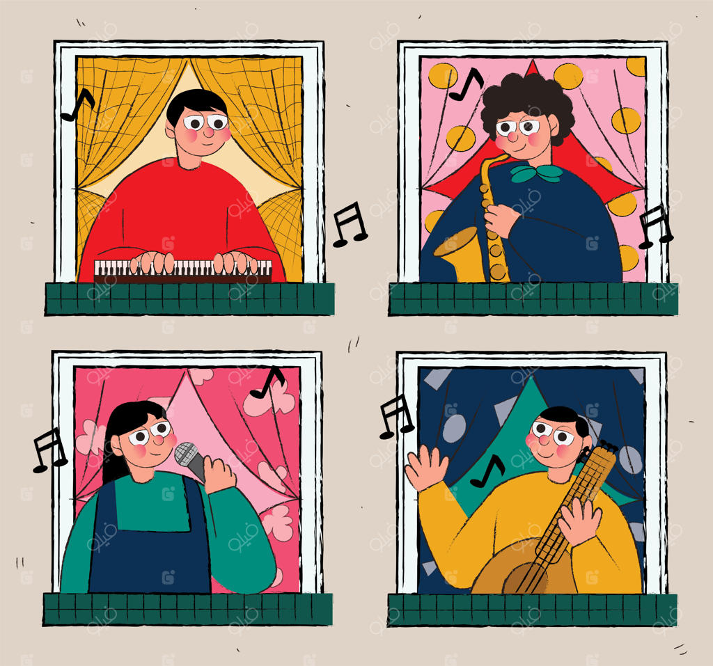 افرادی در حال آواز خواندن و نواختن ساز در پنجره‌ها - تصویرسازی وکتور رنگی و تخت پس‌زمینه