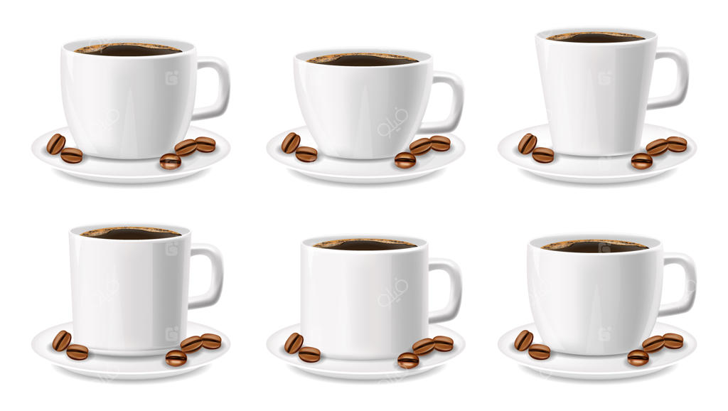 فنجان‌های سفید واقع‌گرایانه، مجموعه بزرگ فنجان‌های قهوه، بسته‌بندی، دانه‌های قهوه و تصویرسازی واقع‌گرایانه