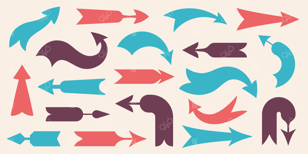 فلش‌های راهنمایی قدیمی: آیکون‌های ناوبری رترو، نشانگرهای ساده قدیمی، بنرهای نشانگر رترو و پیکتوگرام‌های هدف و ناوبری. مجموعه وکتوری مجزا