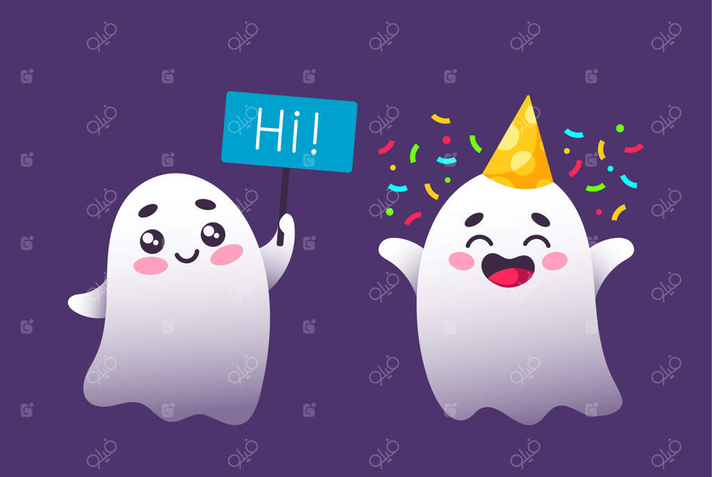 شخصیت‌های کارتونی بامزه و دوست‌داشتنی ارواح برای هالووین: مهمانی با کلاه‌های جشن و پرچم و کاغذپاشی