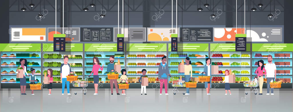 گروهی از افراد با کیف‌ها، سبدها و چرخ‌دستی‌ها