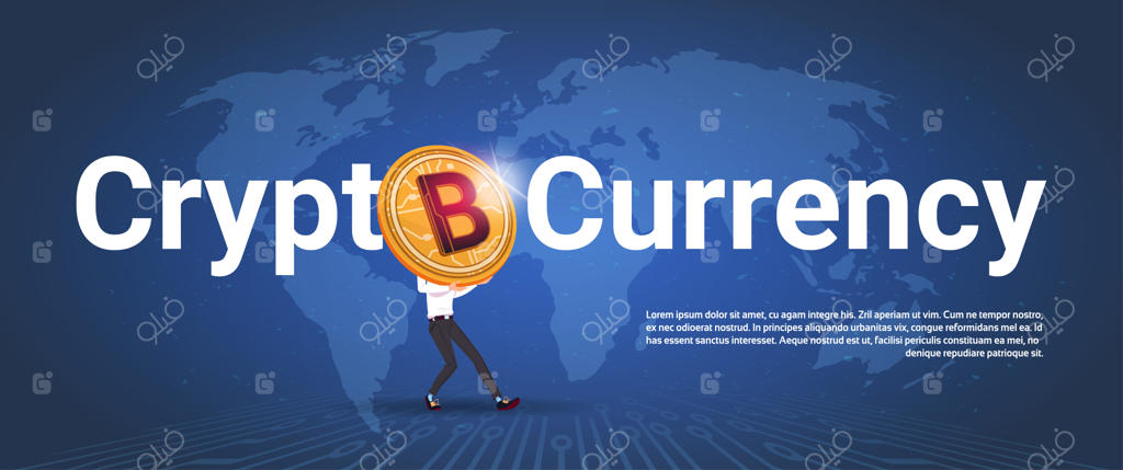 بنر افقی ارز دیجیتال: مردی با بیت‌کوین طلایی در مقابل نقشه جهان