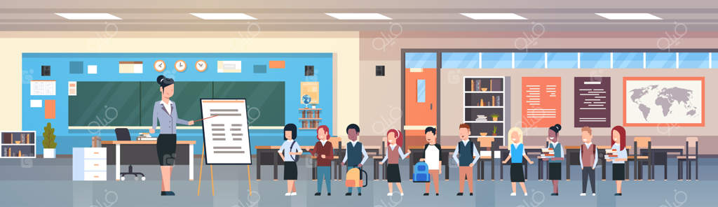 درس مدرسه - معلم زن با دانش‌آموزان جلوی تخته در کلاس درس