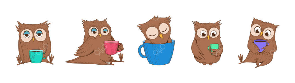 تصویرسازی خلاق جغدهای خواب‌آلود با فنجان‌های قهوه: طرح جغدهای خواب‌دیده و خسته با نوشیدنی‌های گرم